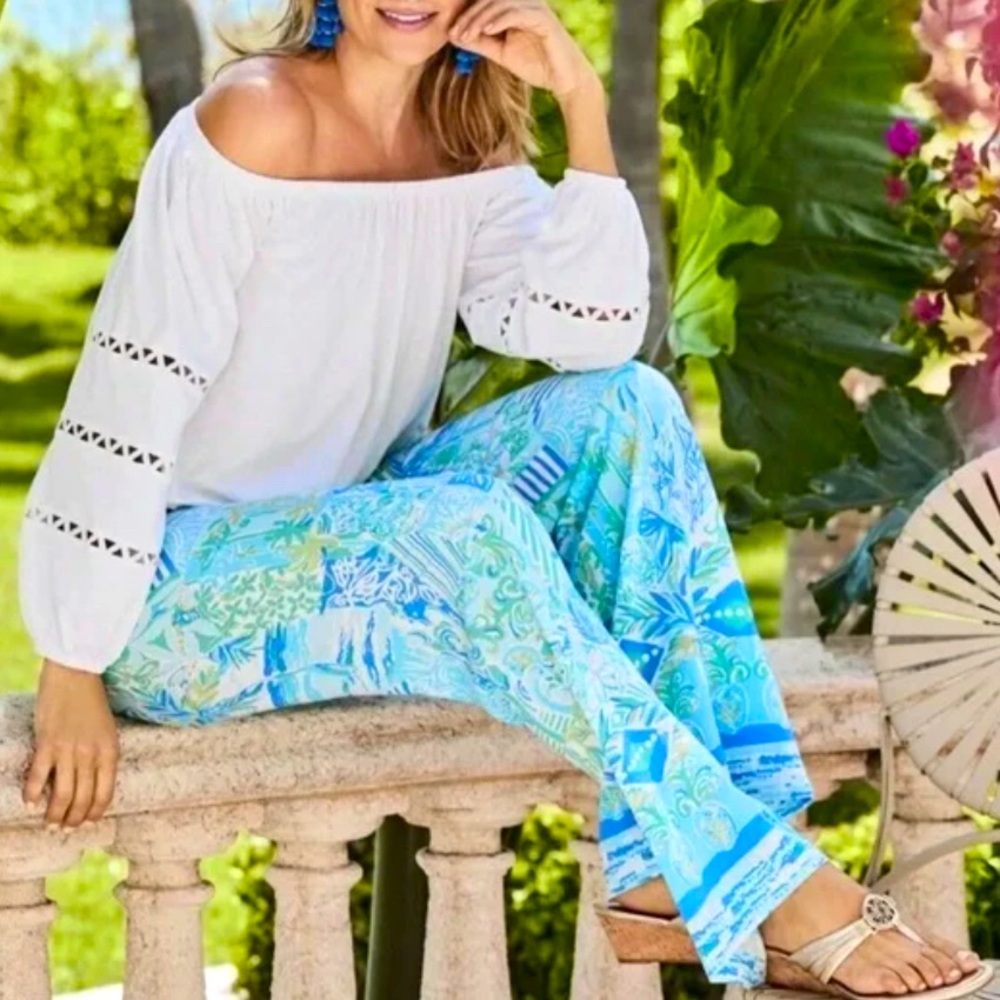 LILLY PULITZER Whisper Blue Green Bal Harbour Mid-Rise Palazzo Pants Large NWT - Picture 3 of 15